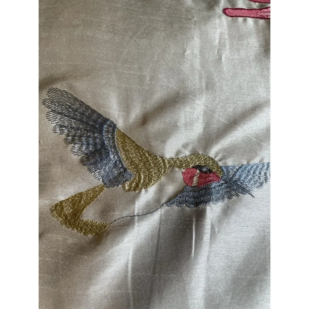Vintage Satin Embroidered Floral Hummingbird Cottagecore Accent Pillow 17